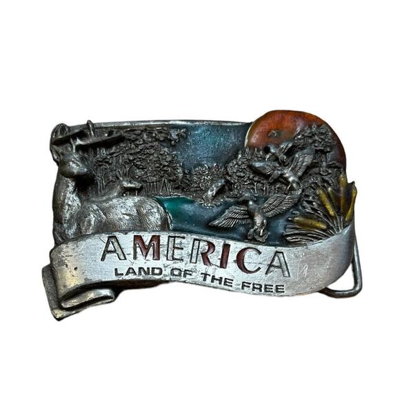 Vtg. America Belt Buckle Bergamot Brass Works 1984 Silver Color W/ Enamel Deer - Picture 1 of 6